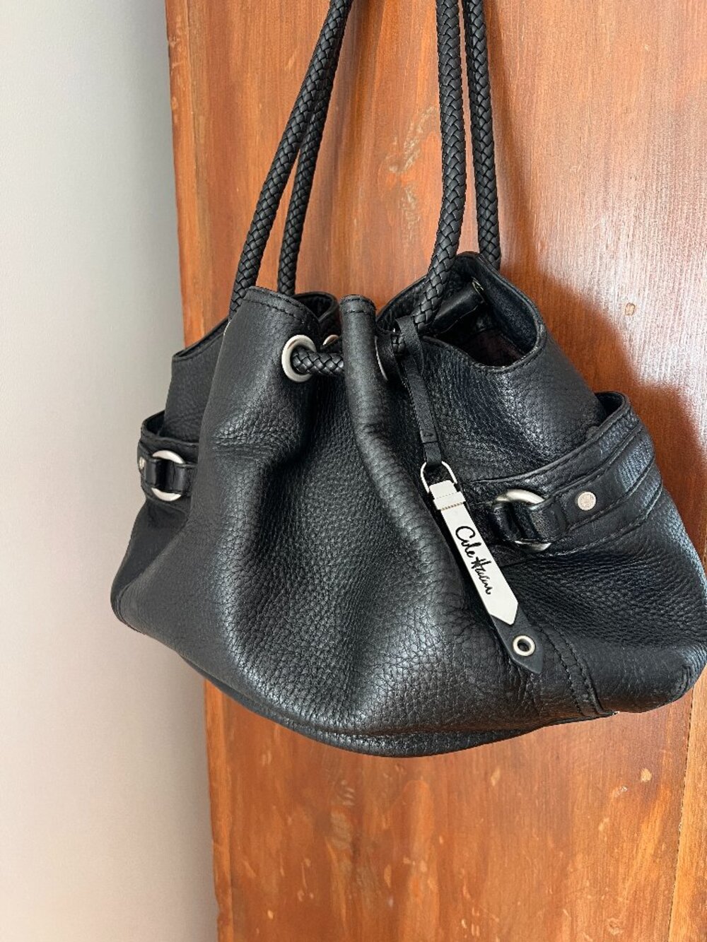 COLE HAAN LARGE BLACK Pebbled Leather 2 Handle Shoulder Bag